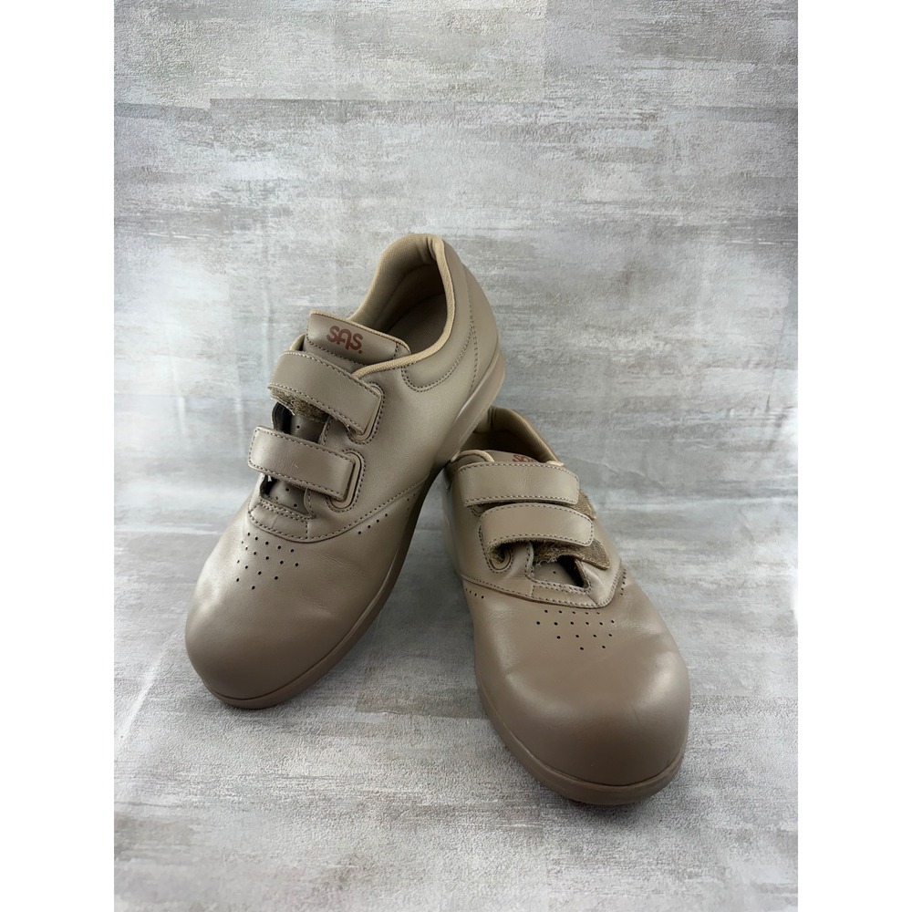 SAS Me Too Women Sz 8 WW Taupe Leather Walking Shoes Hook and Loop Straps